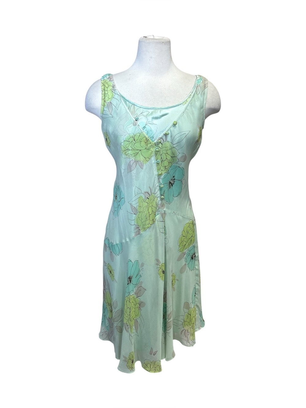 Y2K Nine West Green Floral Print Midi Dress Light blue with green floral print